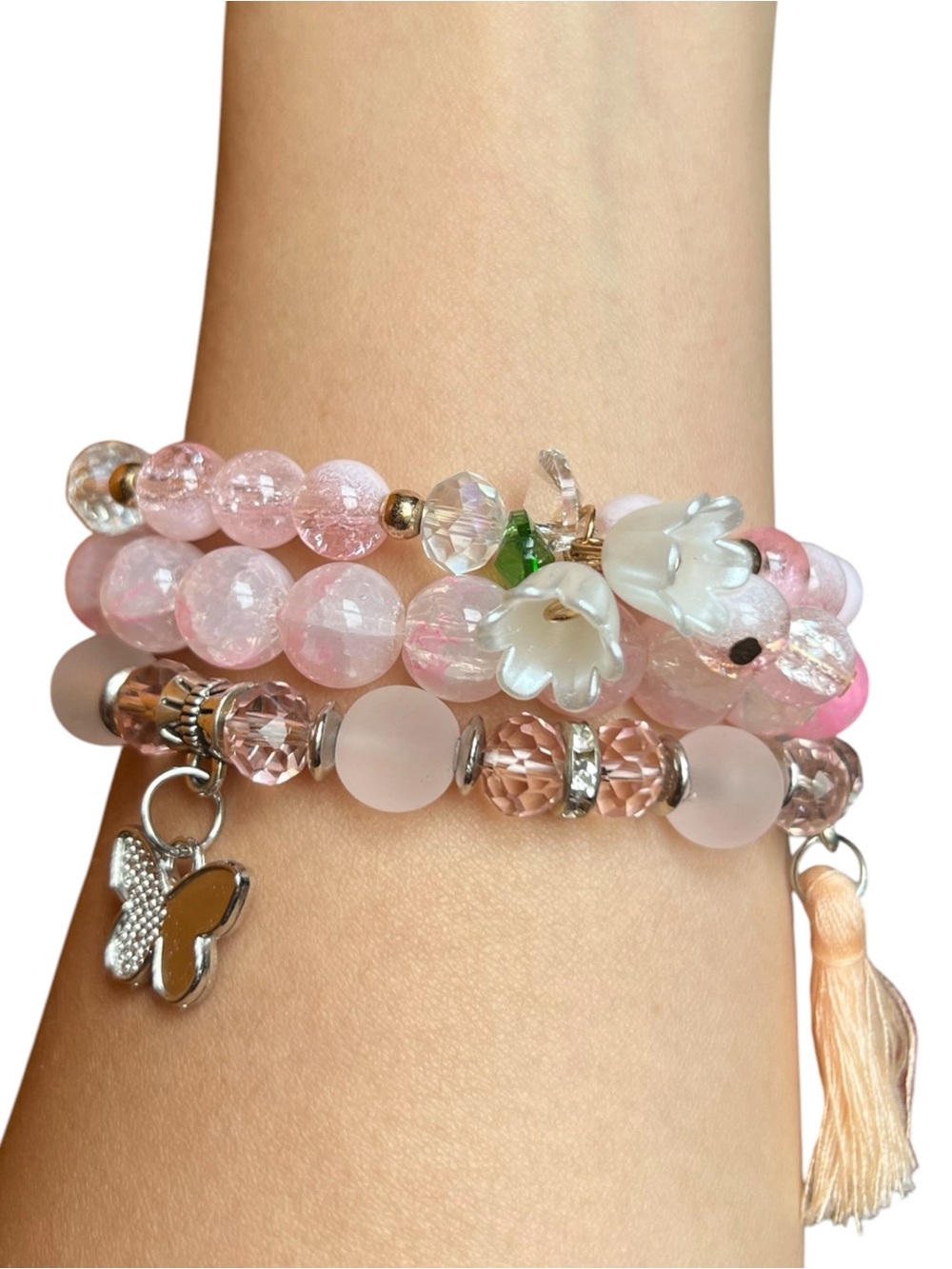 Butterfly Lily Tassel Charm Beaded 3 Pieces Stretch Bracelet Set NWOT